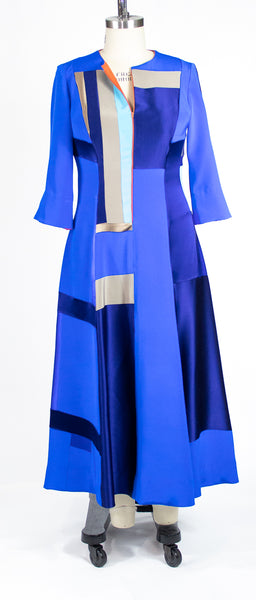 Blue Patchwork 4 Ply Silk Dress with Orange Zipper