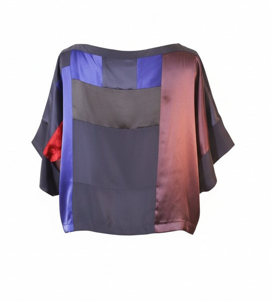 Navy and Silk Crepe de Chine and Charmeuse Tunic Top with Self Tie Belt