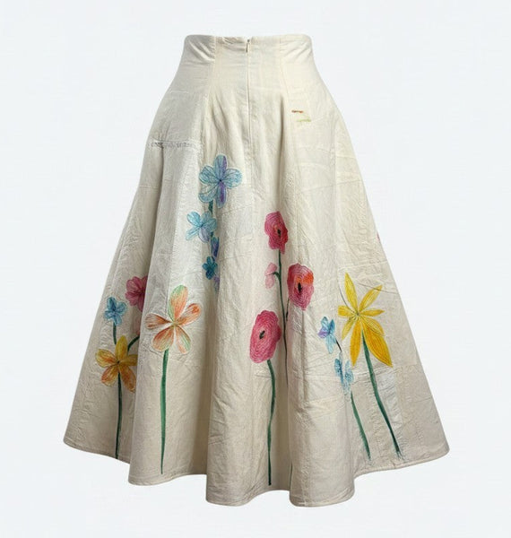Patchwork Muslin Skirt with Applique Handpainted Flowers
