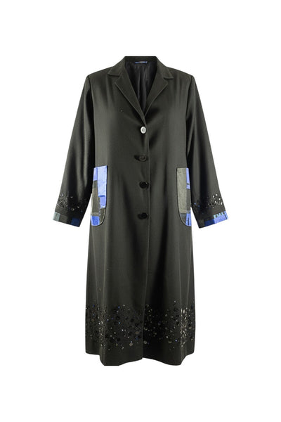 Black Wool Coat with Sequin Beaded Hem and Patchwork Pockets