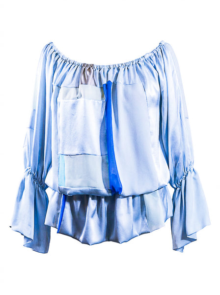 Large Light Blue Patchwork Silk Charmeuse BOHO Top