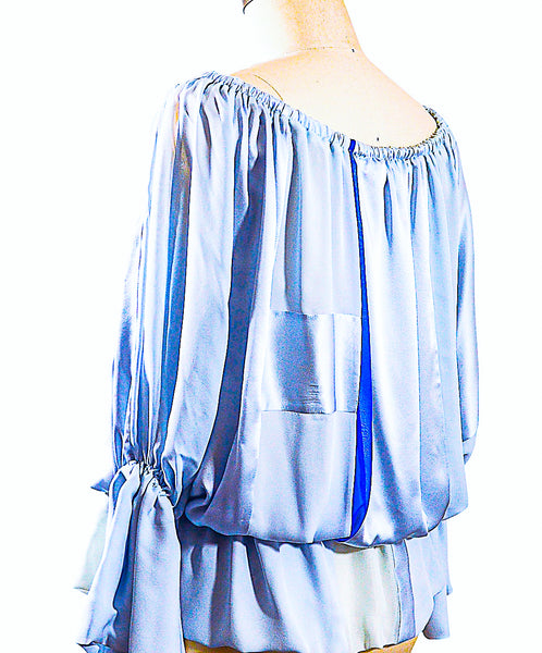 Large Light Blue Patchwork Silk Charmeuse BOHO Top