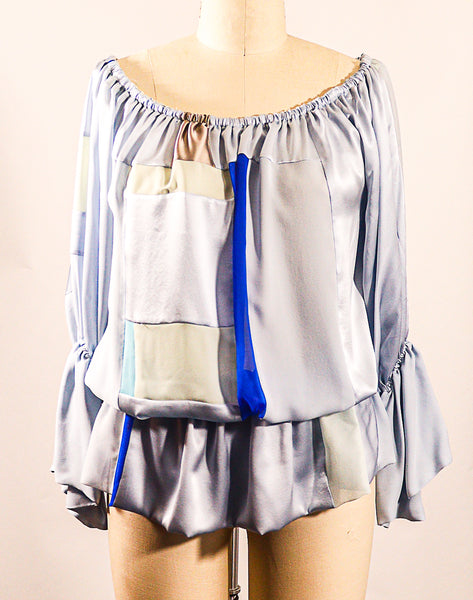 Large Light Blue Patchwork Silk Charmeuse BOHO Top
