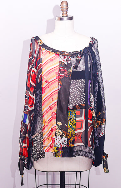 BOHO Blouse Patchwork Silk Chiffon and Printed Charmuese
