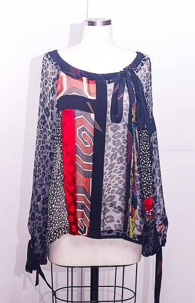 BOHO Blouse Patchwork Silk Printed Chiffon with Patches of Silk Printed Charmuese