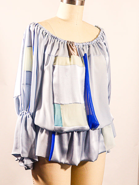 Large Light Blue Patchwork Silk Charmeuse BOHO Top