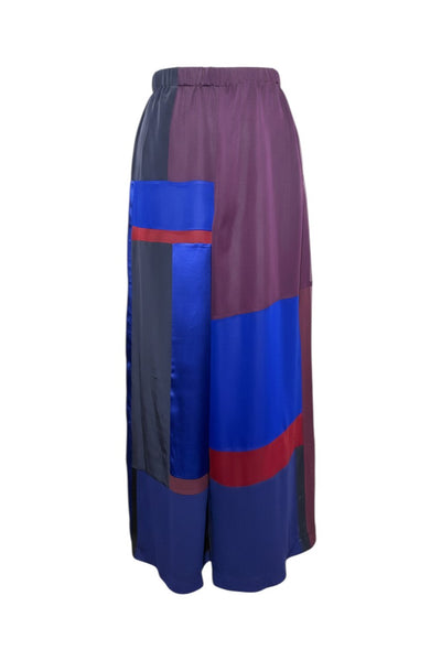 XL Blue Silk Chiffon and Silk Charmeuse Patchwork Palazzo Pant