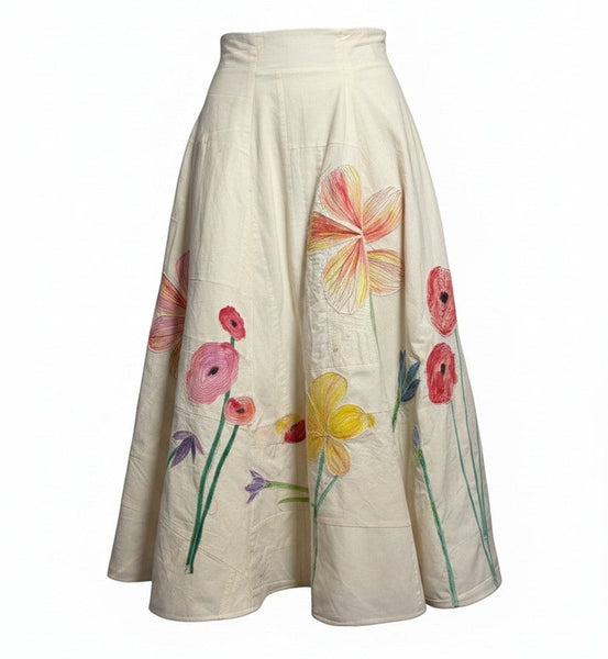 Patchwork Muslin Skirt with Applique Handpainted Flowers
