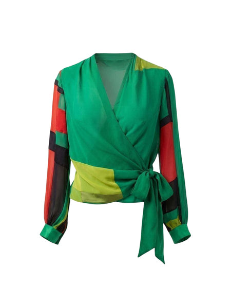 Medium Red Black and Green Silk Chiffon Wrap Top