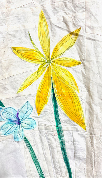 Patchwork Muslin Skirt with Applique Handpainted Flowers