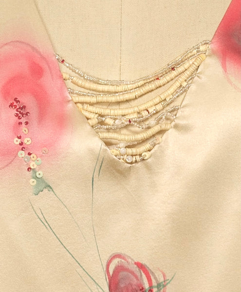 Stretch Charmeuse Off White Color Silk Handpainted and Beaded V neck