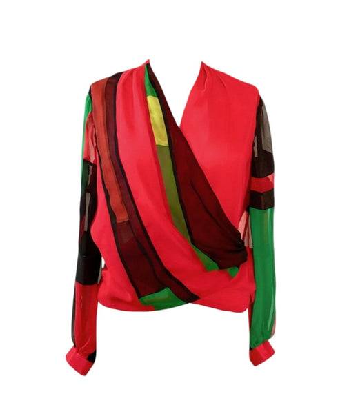 Large Red Black and Green Chiffon Wrap Top