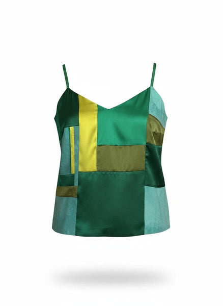 Patchwork Shades of Green Large Stretch Silk Camisole