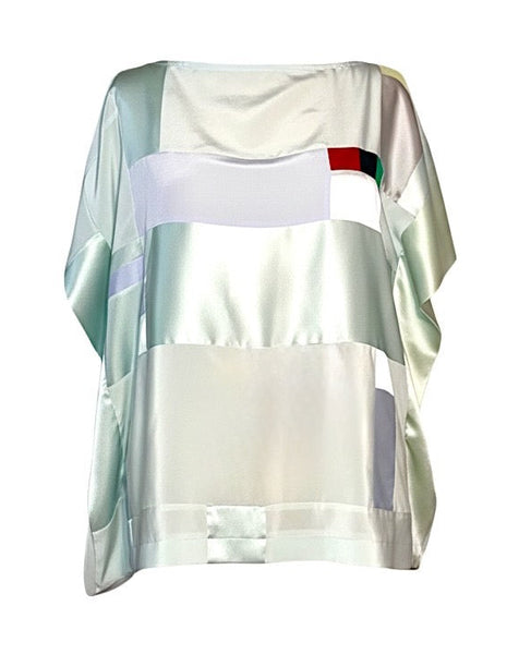 Mint Patchwwork Silk Crepe de Chine and Charmeuse Tunic Top with Self Tie Belt