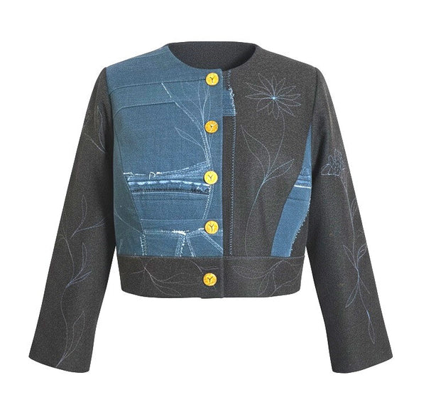 Patchwork Denim and Wool with Stitching Jacket
