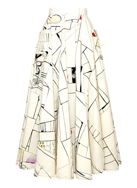 Patchwork Circle Muslin Skirt with Black Marker and Patch Pocket