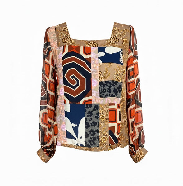Silk Patchwork Print Square Neck Blouse