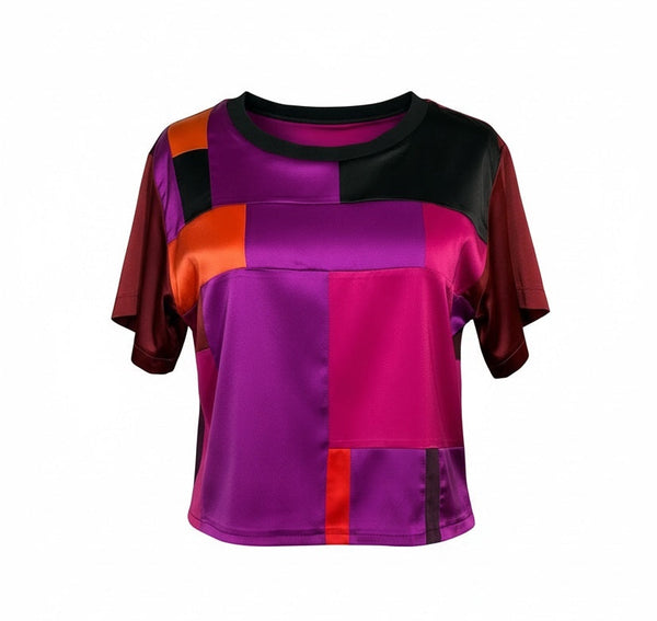 Stretch Silk Charmeuse Patchwork Purple Pinks and Navy Crop T Shirt