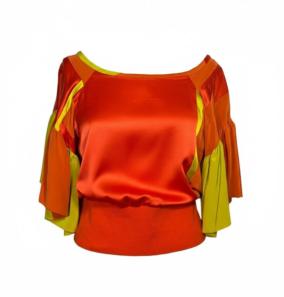 Orange Silk Patchwork Top with Ruffle Sleeve with Ribbing waist