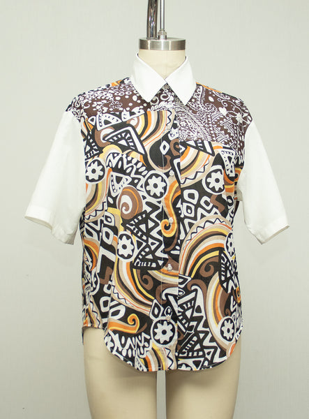 Cotton Shirt with White Collar, Sleeves, and Print