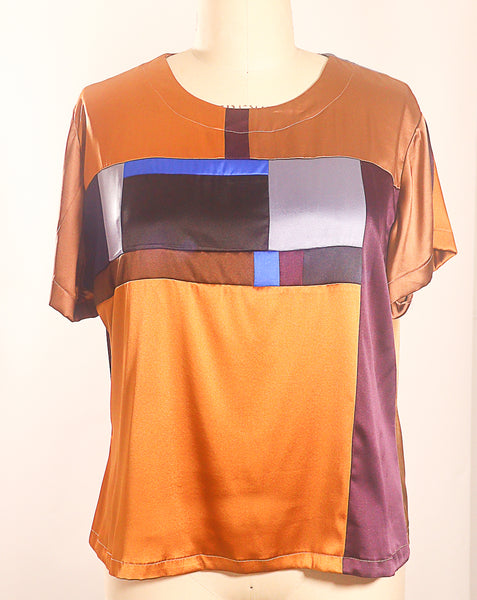 Stretch Charmeuse Copper Color Silk Patchwork T Shirt