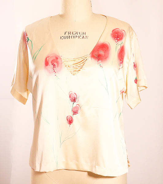 Stretch Charmeuse Off White Color Silk Handpainted and Beaded V neck