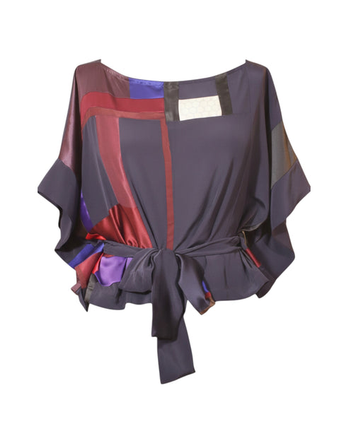 Navy and Silk Crepe de Chine and Charmeuse Tunic Top with Self Tie Belt