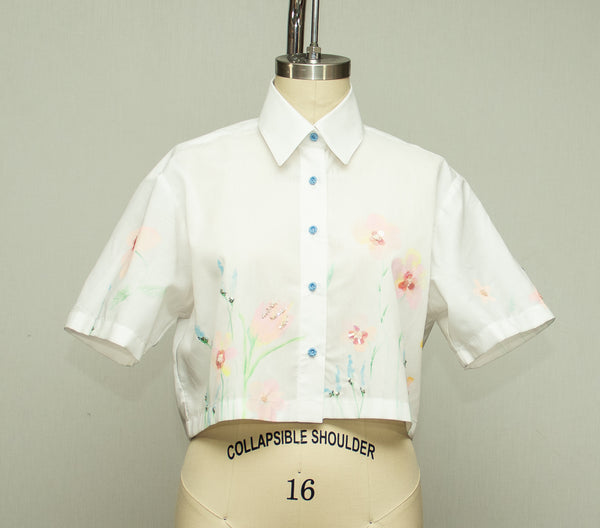 White Cotton Crop Shirt with Sequined Embellishement