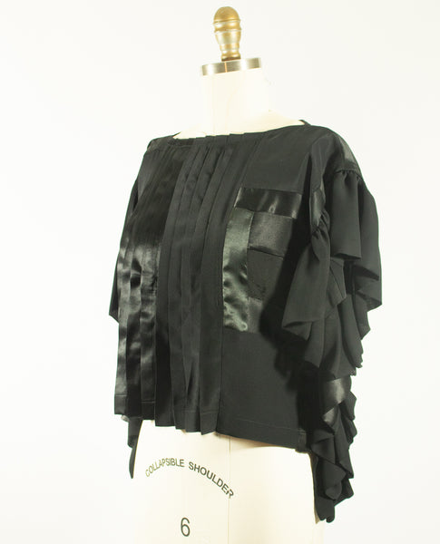 Black Silk Crepe de Chine and Charmeuse Pleated Tunic Top