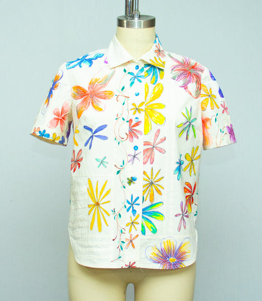 Muslin Cotton Patchwork Shirt with Hand Painted Flowers