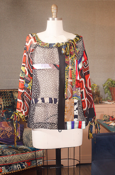 BOHO Blouse Patchwork Silk Chiffon and Printed Charmuese