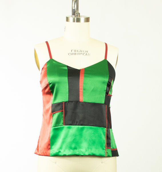 Patchwork Medium Silk Charmeuse Red Black and Green Camisole