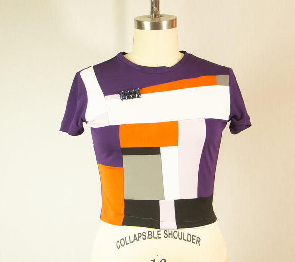 Short Sleeve Colorful Patchwork Rayon T shirt with Embellishment of Stones