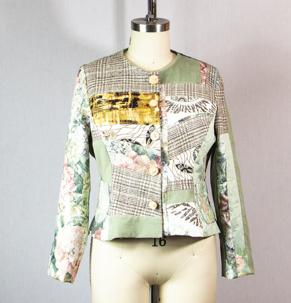 Large Patchwork Fitted Jacket with Mixed Fabrics and Beads