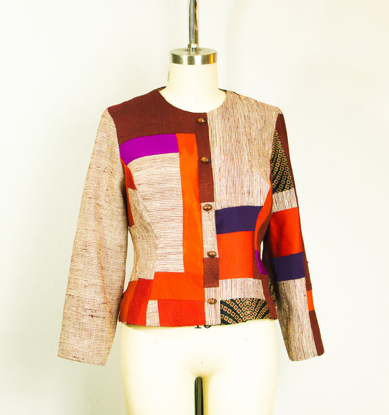Large Patchwork Fitted  Red Jacket with Mixed Fabrics