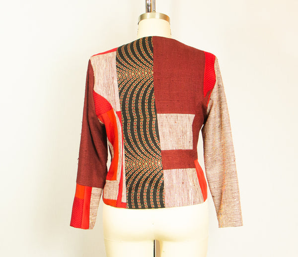 Large Patchwork Fitted  Red Jacket with Mixed Fabrics