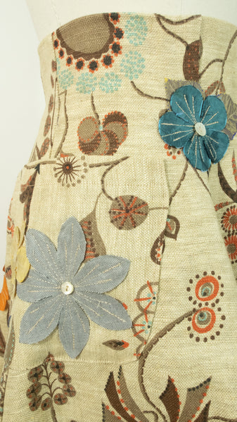 Linen Print A Line Skirt With Appliqued Flowers