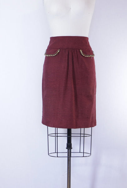 Burgundy Raw Silk Skirt with Beaded Flaps