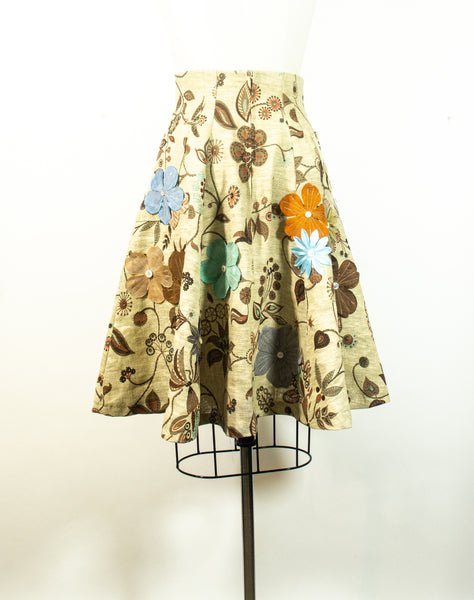 Linen Print A Line Skirt With Appliqued Flowers