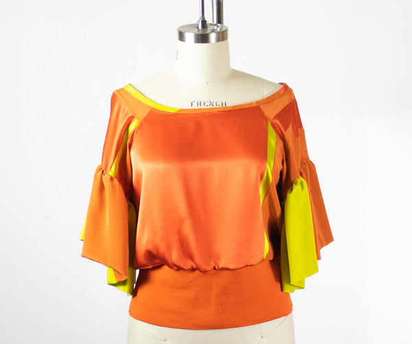 Orange Silk Patchwork Top with Ruffle Sleeve with Ribbing waist