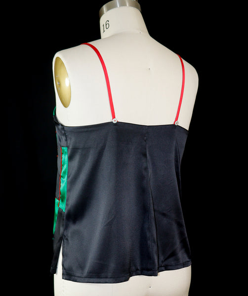 Red, Black, and Green Patchwork Stretch Silk Camisole with Beading