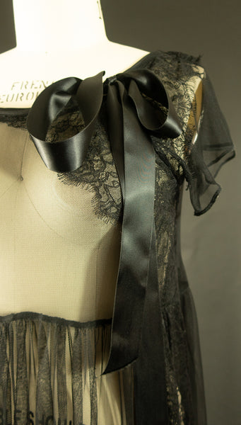 Black Stretch Net Dress with Ribbon Drawstring at Neckline