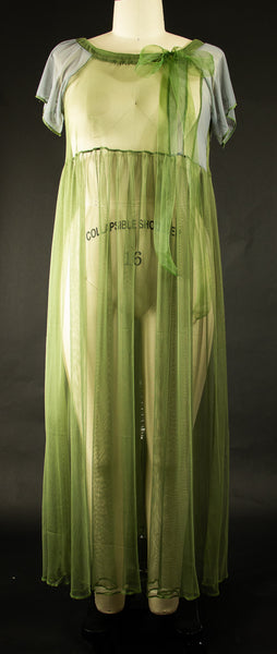 Green Stretch Net Dress with Ribbon Drawstring at Neckline