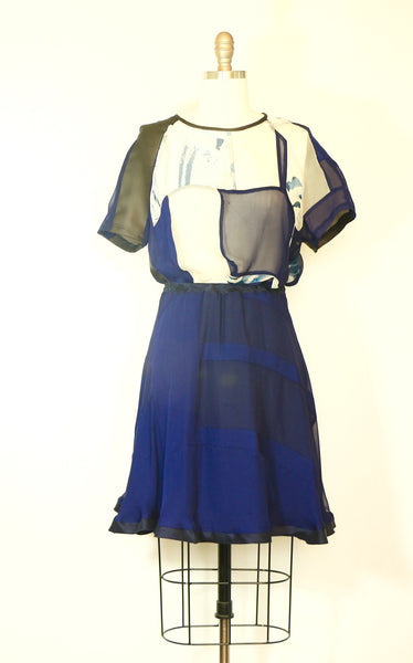 Navy Blue Patchwork Silk Chiffon Skirt
